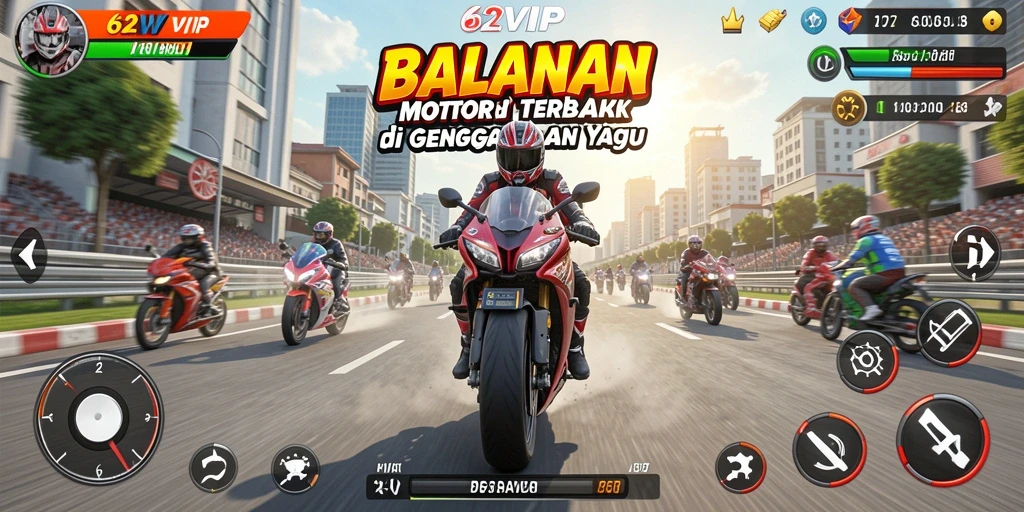 Screenshot gameplay 62VIP menampilkan aksi balapan motor yang mendebarkan.