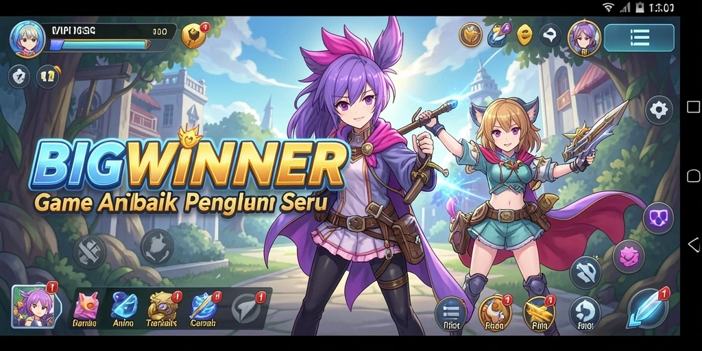 Screenshot gameplay BIGWINNER menampilkan aksi seru karakter anime.