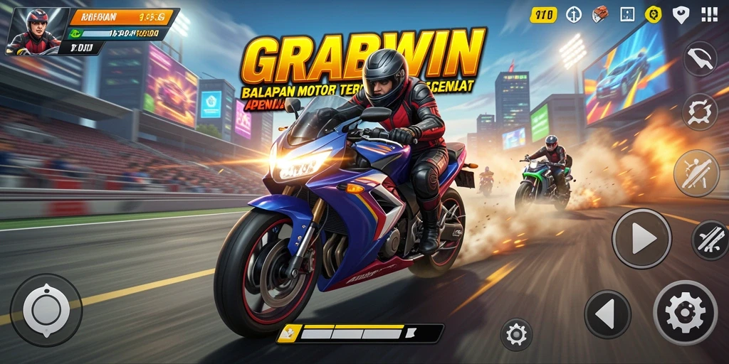Tampilan menegangkan dari gameplay balapan motor GRABWIN.
