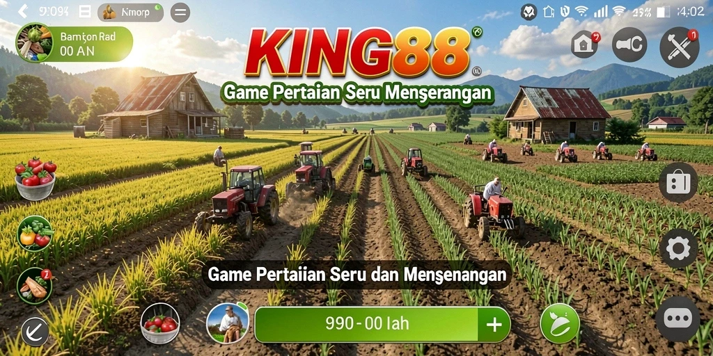 Screenshot gameplay KING88 menampilkan lahan pertanian yang luas dan berwarna-warni.