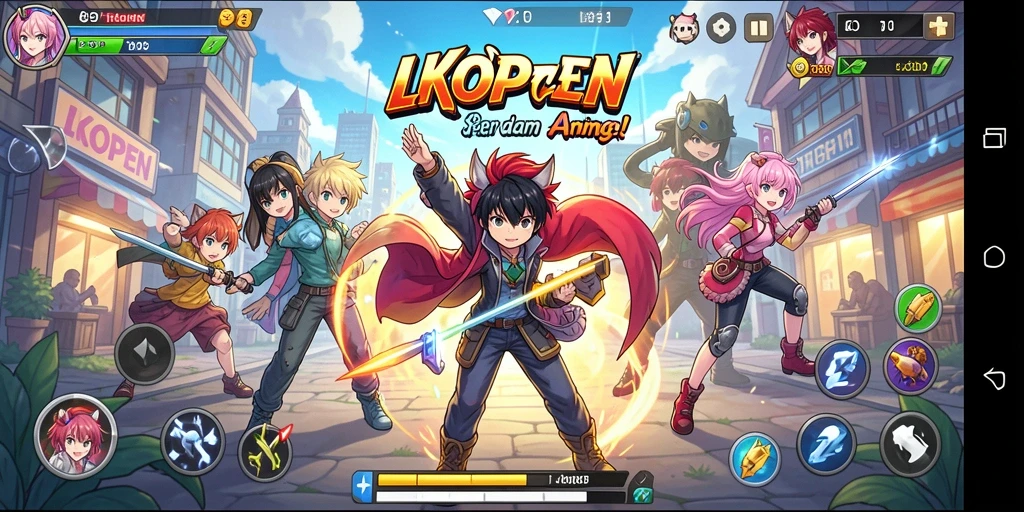 Tangkapan layar gameplay LKOPEN yang menunjukkan aksi penuh warna dan karakter anime.