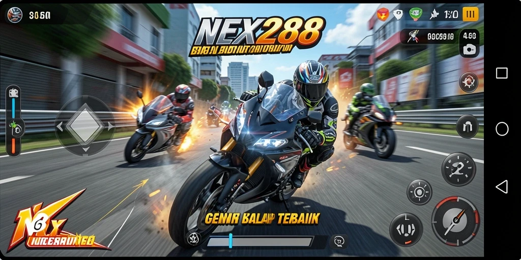 Screenshots gameplay NEX288 menampilkan aksi balapan motor yang mendebarkan.