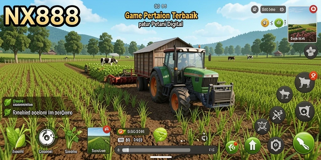 Screenshot NX888 menampilkan ladang hijau yang subur dan aktivitas bertani yang seru.