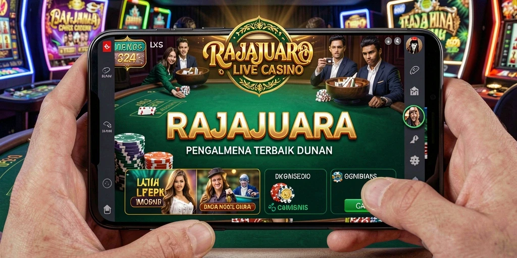 Screenshot gameplay RAJAJUARA menunjukkan dealer profesional dan suasana kasino yang nyata.