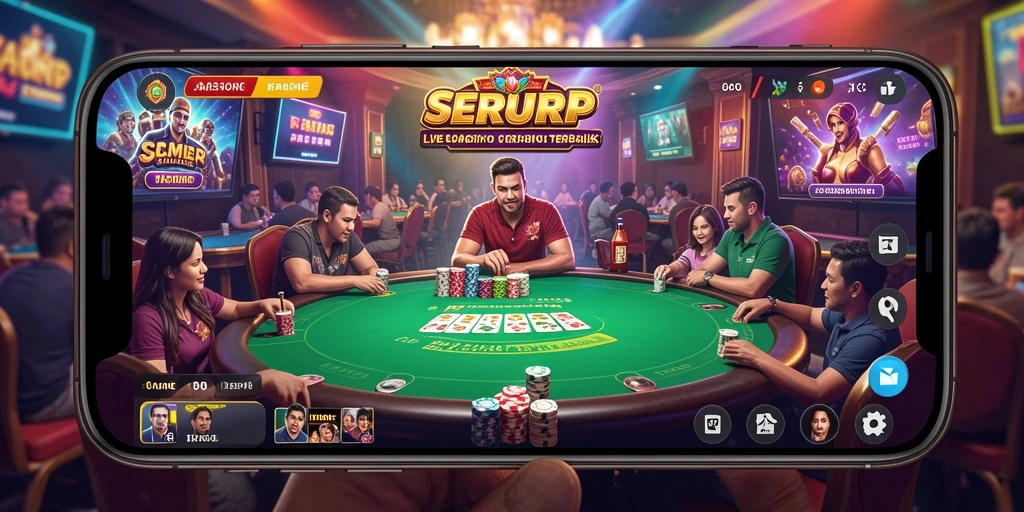 Tangkapan layar gameplay SERURP menampilkan dealer ramah dan suasana kasino yang dinamis.
