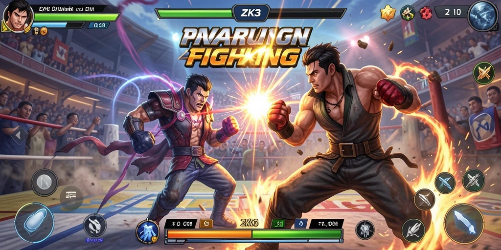 Gameplay ZK3 yang menegangkan dengan aksi pertarungan yang seru.